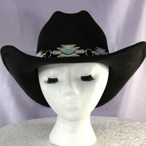 Illuma Black Western Cowboy Hat Felt Turquoise Aztec Concho Chain Band New